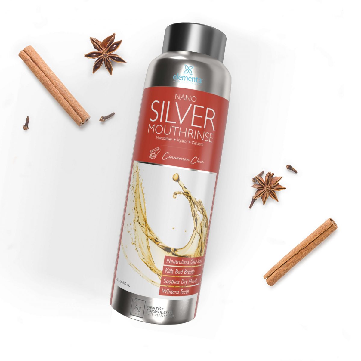 Elementa Silver mouth rinse in cinnamon clove flavor with cinnamon sticks in the background