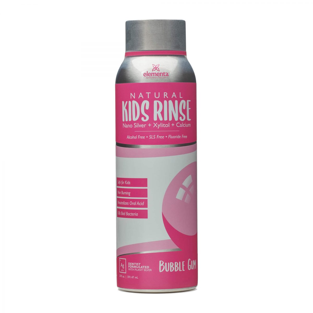 bottle of bubble gum flavored kids mouth rinse with nano silver