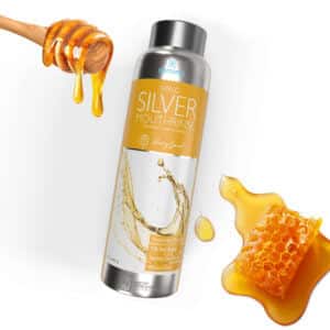 Elementa Silver mouth rinse in honey flavor with honeycomb and honey in the background