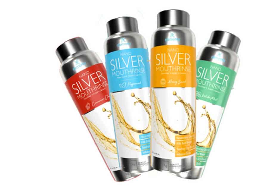 image of stacked elementa silver mouthwash bottles in variety of flavors