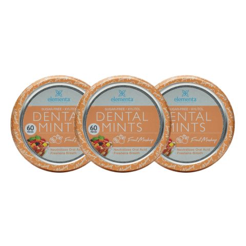 Elementa nano silver natural fruit mashup dental mints 3 pack with orange product containers.