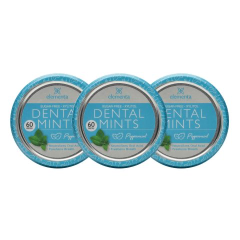 Elementa nano silver natural dental mints peppermint 3 pack with sky blue containers on a white background