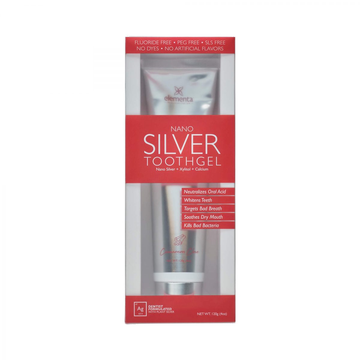 Elementa nano silver tooth gel tub cinnamon clove flavored with red labeling and transparent packaging with red design