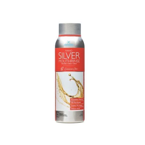 white background image of cinnamon clove flavored mouth rinse bottle with nano silver